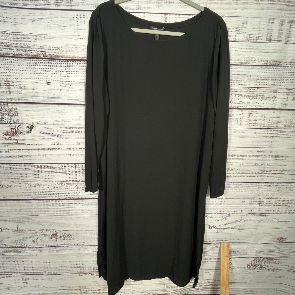 Eileen Fisher Silk Tunic Top Women Large Black Long Sleeve Side Slits Lagenlook